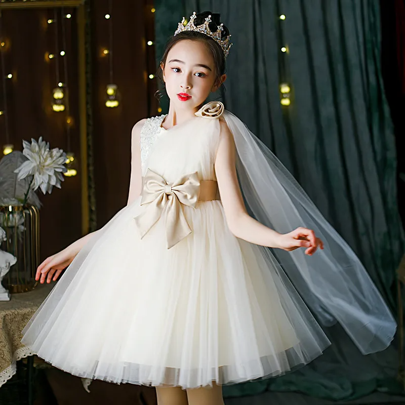 Kids Toddler Big Girls Cute Party Sleeveless Long Sleeve Bow Round Neck Mesh Tutu Princess Dress