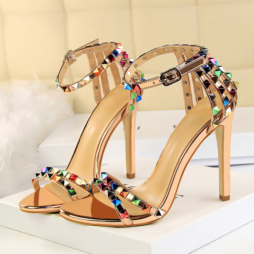 Fashion Women Sexy 11cm High Heels Rivets Studded Sandals Ankle Buckle Strap Stiletto Shoes