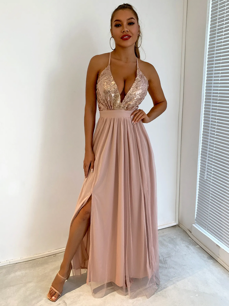 Elegant Women Fashion Sequin Decor Deep V Side Slit Mesh Maxi Party Evening Dress