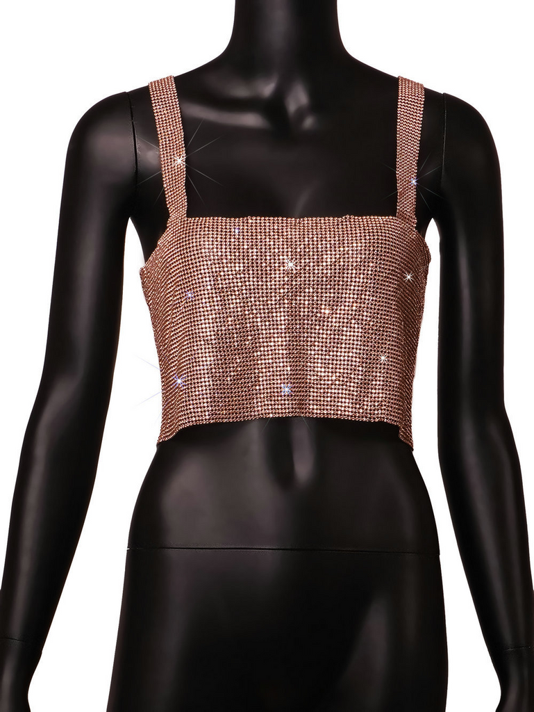 Nightclub Back Slit Metal Sheet Rhinestone Tie Chain Sling Crop Top