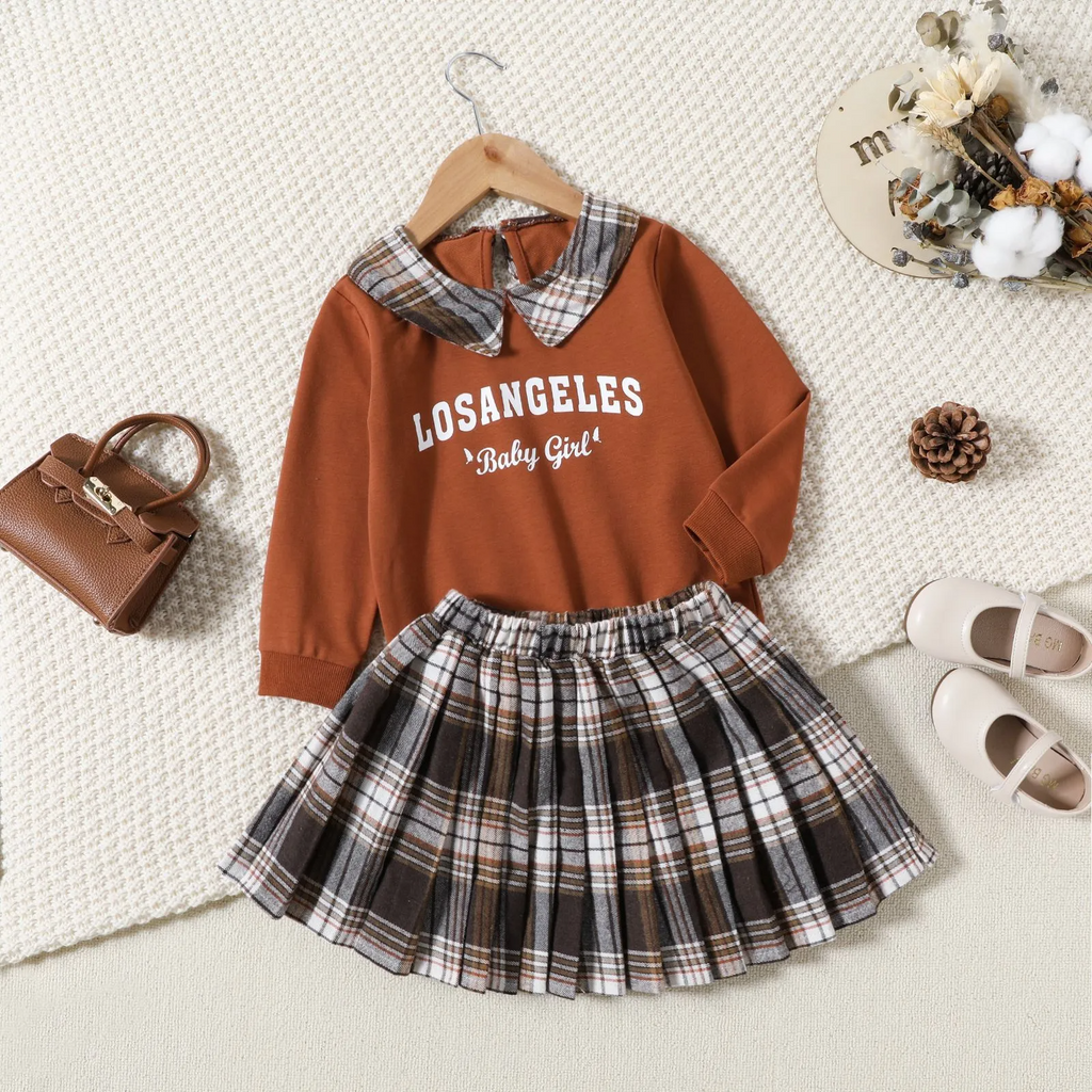 (Buy 1 Get 2) Children Fashion Plaid Print Girl Long Sleeve Plaid Print Two-Piece Set