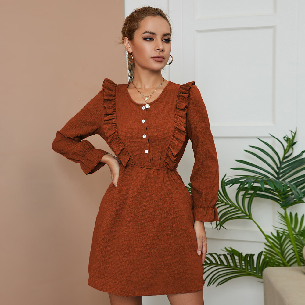 Women Sweet Bohemia Ruffled Round Neck Solid Color Long Sleeve Dress