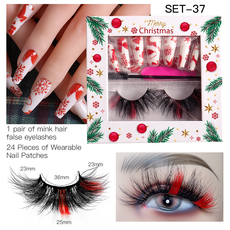 Women Fashion Multicolor Mink Hair Eyelashes Christmas Pattern False Nail Set