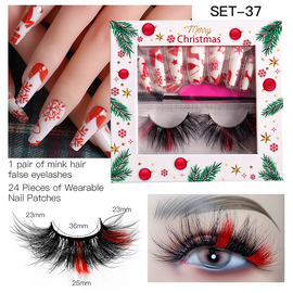 Women Fashion Multicolor Mink Hair Eyelashes Christmas Pattern False Nail Set