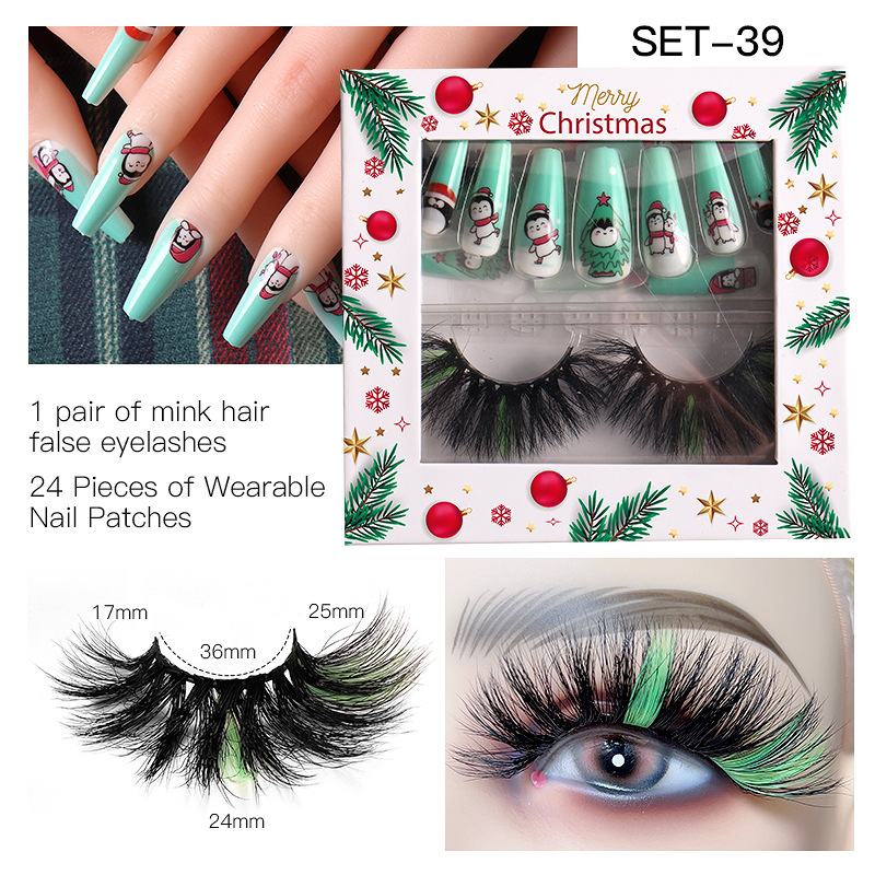 Women Fashion Multicolor Mink Hair Eyelashes Christmas Pattern False Nail Set