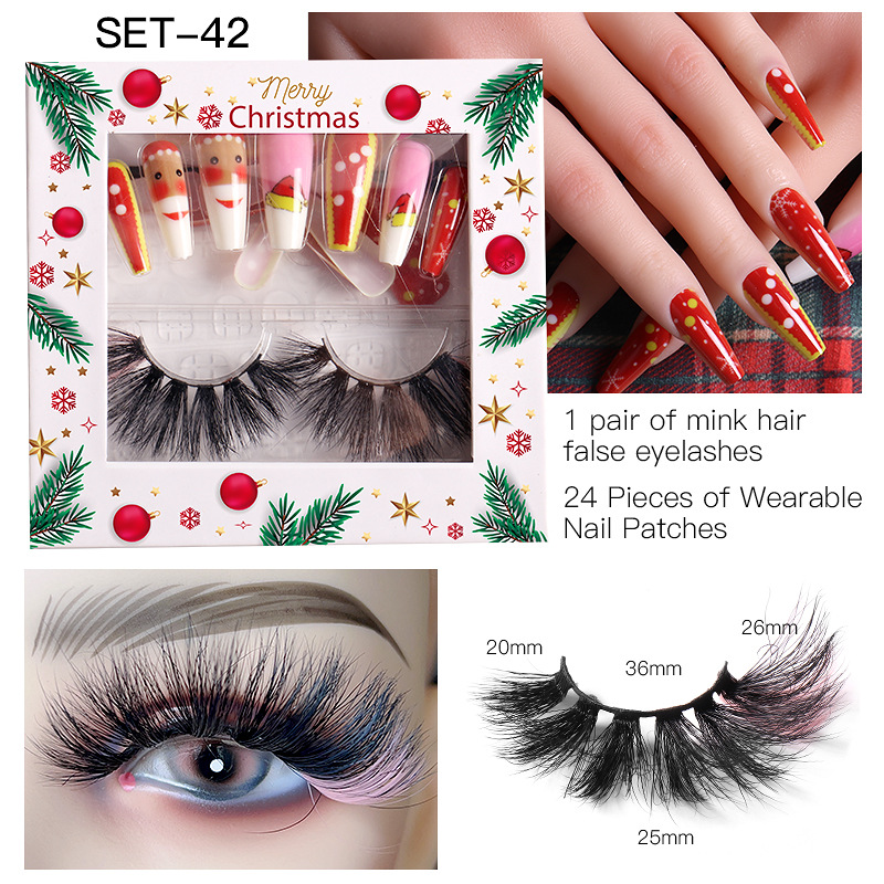 Women Fashion Multicolor Mink Hair Eyelashes Christmas Pattern False Nail Set