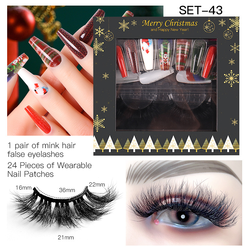 Women Fashion Multicolor Mink Hair False Eyelashes Santa Claus False Nail Set