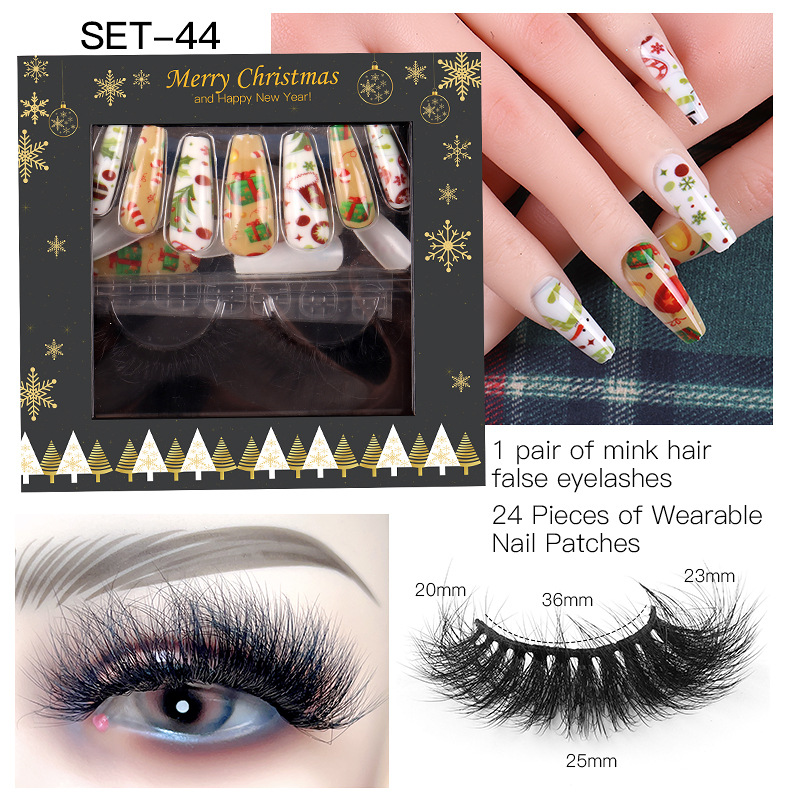 Women Fashion Multicolor Mink Hair False Eyelashes Santa Claus False Nail Set