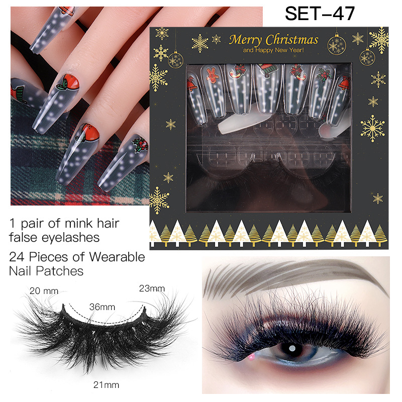 Women Fashion Multicolor Mink Hair False Eyelashes Santa Claus False Nail Set