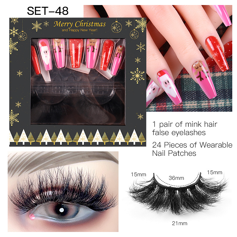 Women Fashion Multicolor Mink Hair False Eyelashes Santa Claus False Nail Set