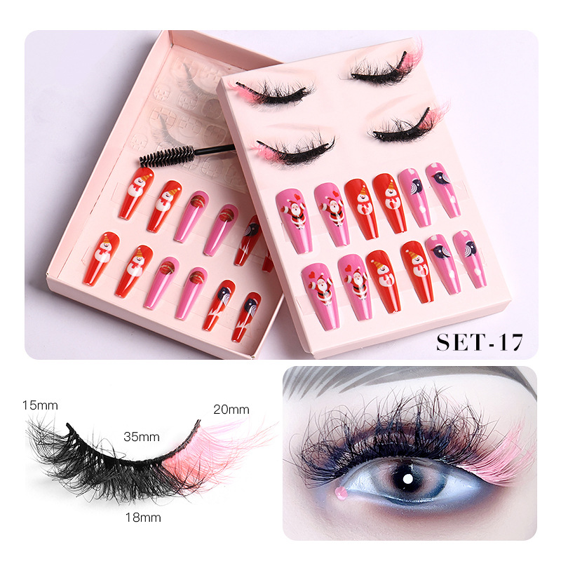 Women Fashion Thick Mink False Eyelashes Santa Claus False Nail Set