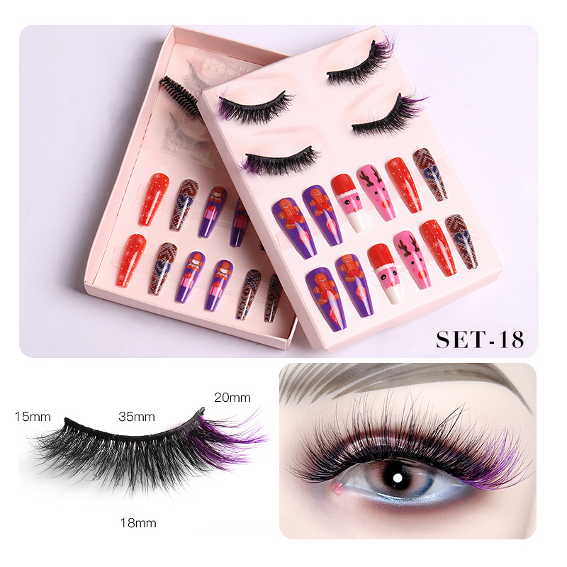 Women Fashion Thick Mink False Eyelashes Santa Claus False Nail Set