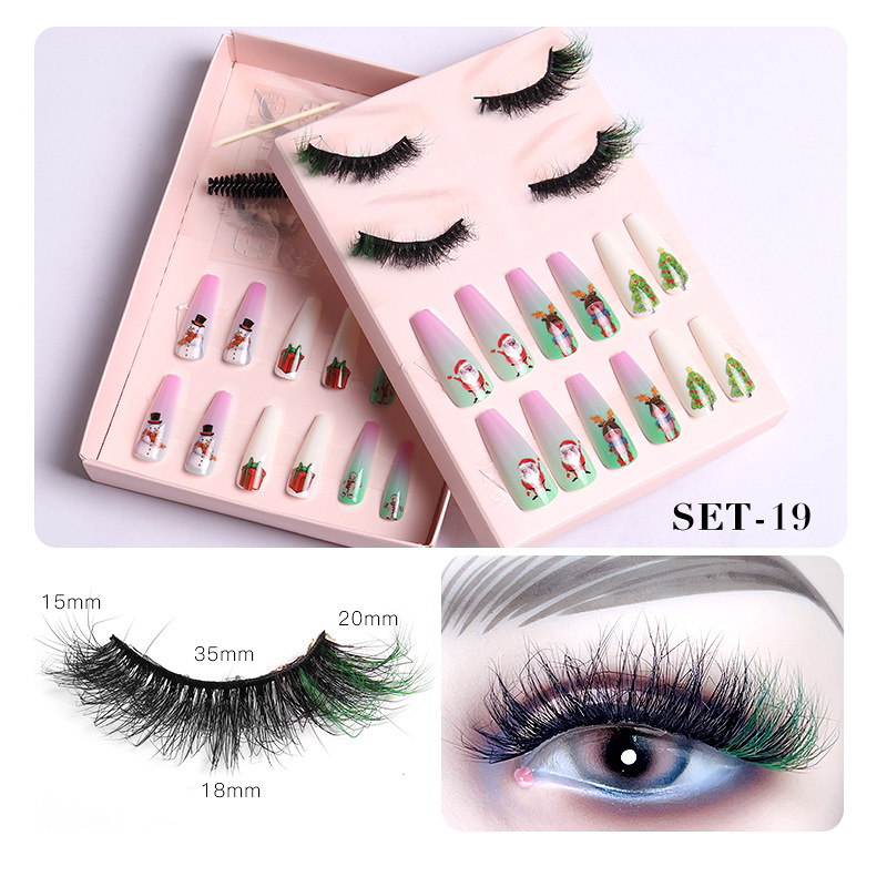 Women Fashion Thick Mink False Eyelashes Santa Claus False Nail Set