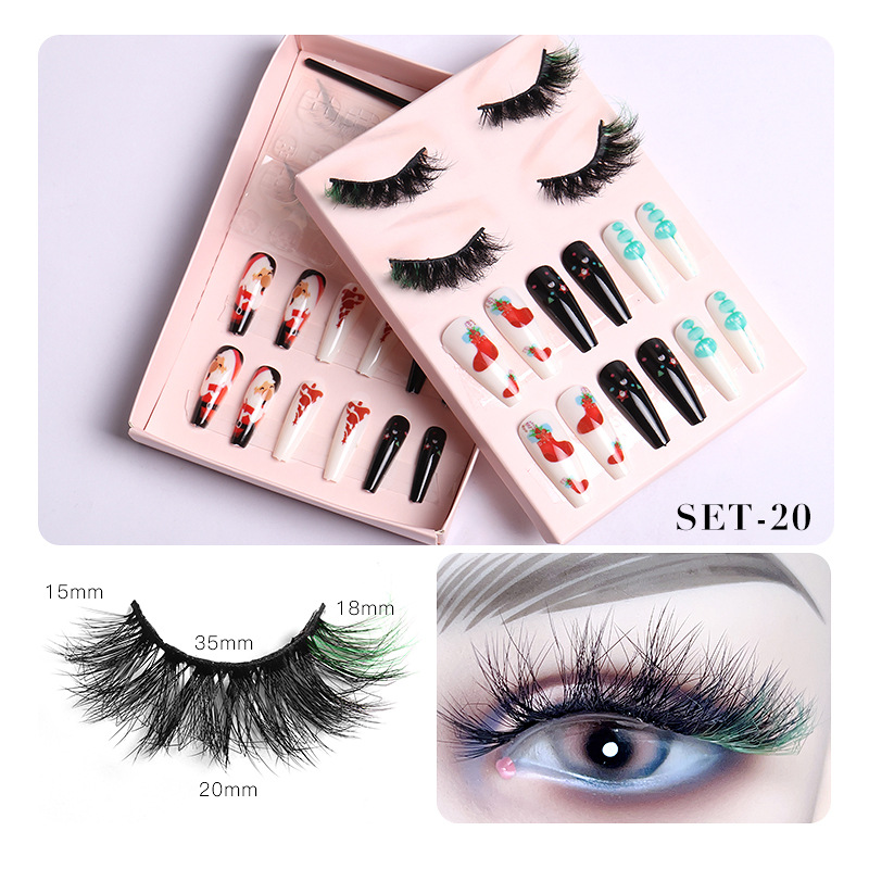 Women Fashion Thick Mink False Eyelashes Santa Claus False Nail Set