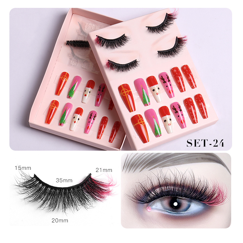 Women Fashion Thick Mink False Eyelashes Santa Claus False Nail Set