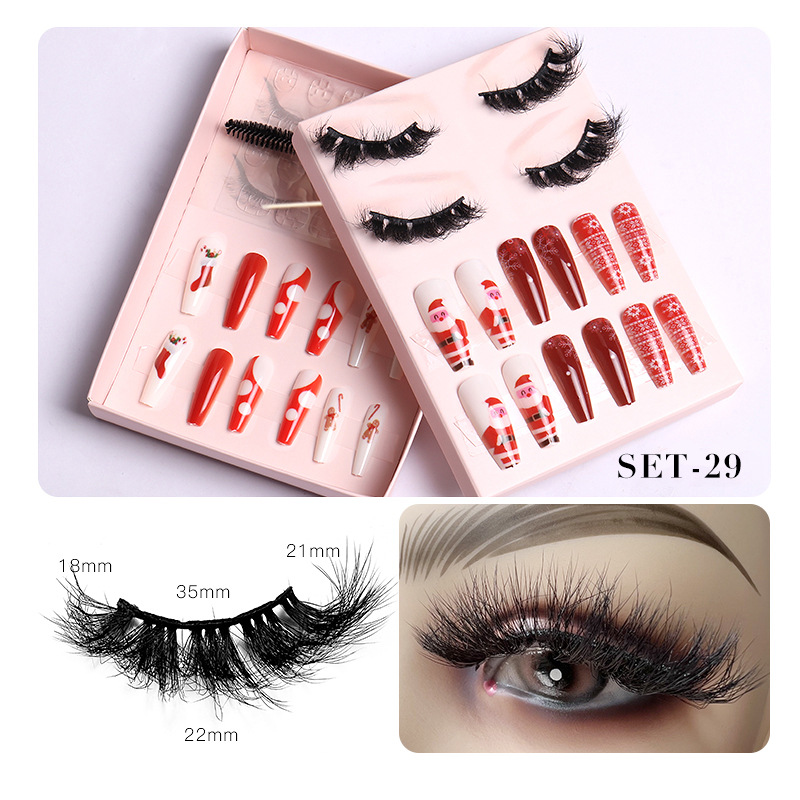 Women Fashion Thick Mink False Eyelashes Santa Claus False Nail Set