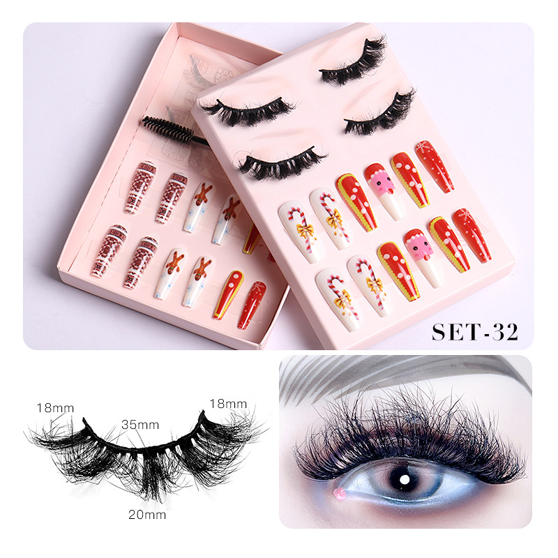 Women Fashion Thick Mink False Eyelashes Santa Claus False Nail Set