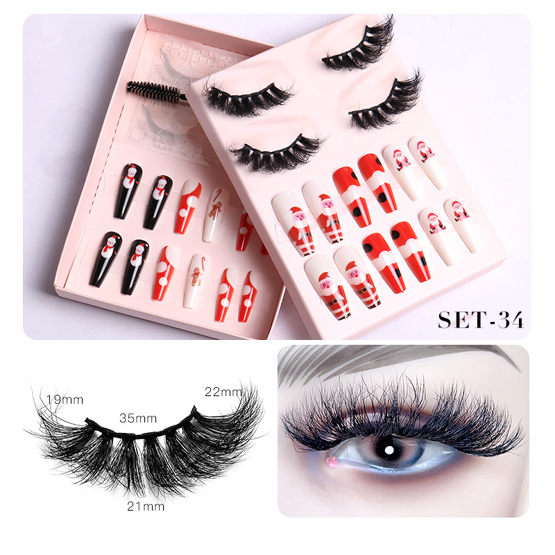 Women Fashion Thick Mink False Eyelashes Santa Claus False Nail Set