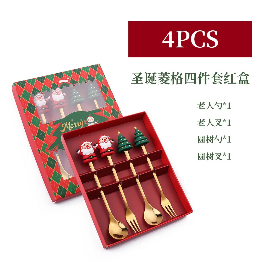(Buy 1 Get 1) Cartoon Creative Santa Claus Stainless Steel Christmas Fork Spoon 4-Set Tableware