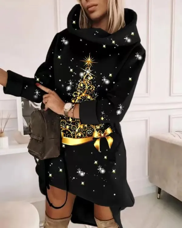 Autumn Winter Women Fashionable Loose Thickened Geometric Leopard Printed Long Sleeve Hooded Sweat Dress