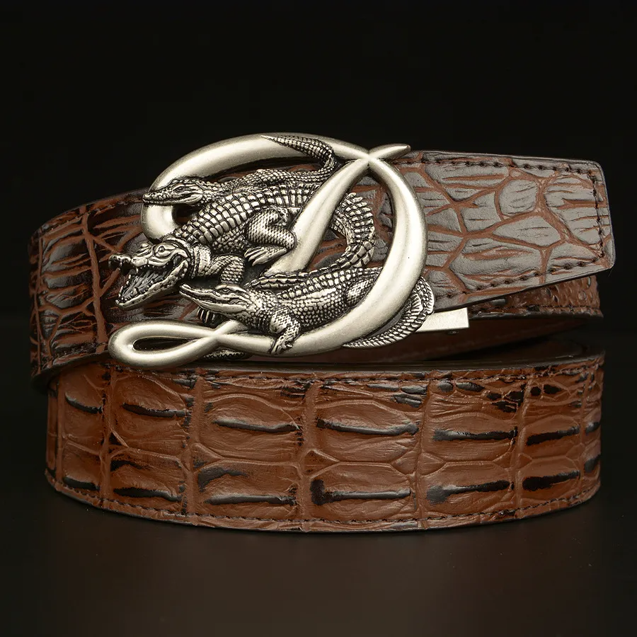 Men Fashion Casual Business Solid Color Leather Metal Buckle Crocodile Belt