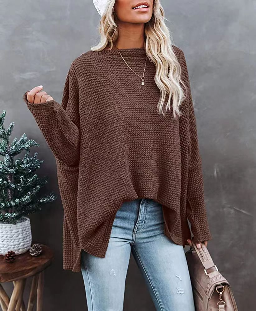 Women'S Casual Off Shoulder Dolman Long Sleeve Waffle Knit Oversized Pullover Tops