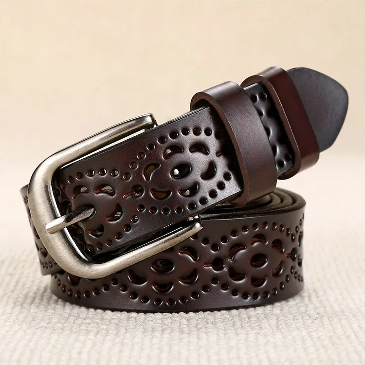 Women Fashion Casual Solid Color Versatile PU Hollow Metal Buckle Belt