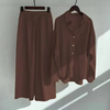 Women Casual Solid Color Linen Cotton Long Sleeve Blouse And Wide Leg Pants Set