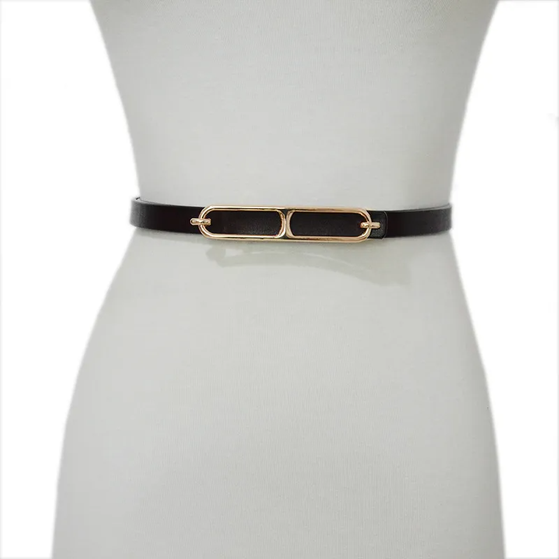 Women'S Casual Fashion Alloy Rectangular Snap Buckle Genuine Leather Thin Belt