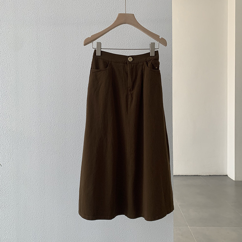 Women Summer Washed Coconut Buckle Basic Solid Color Semi-Elastic High Waist A-Line Skirt