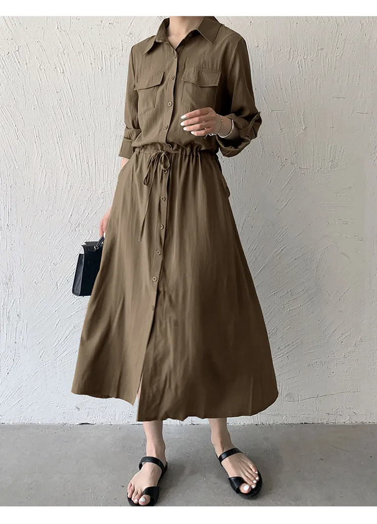 Women Ramadan /Eid Fashion Minimalist Casual Solid Color Lapel Short-Sleeve Drawstring Pocket Single-Breasted Dress