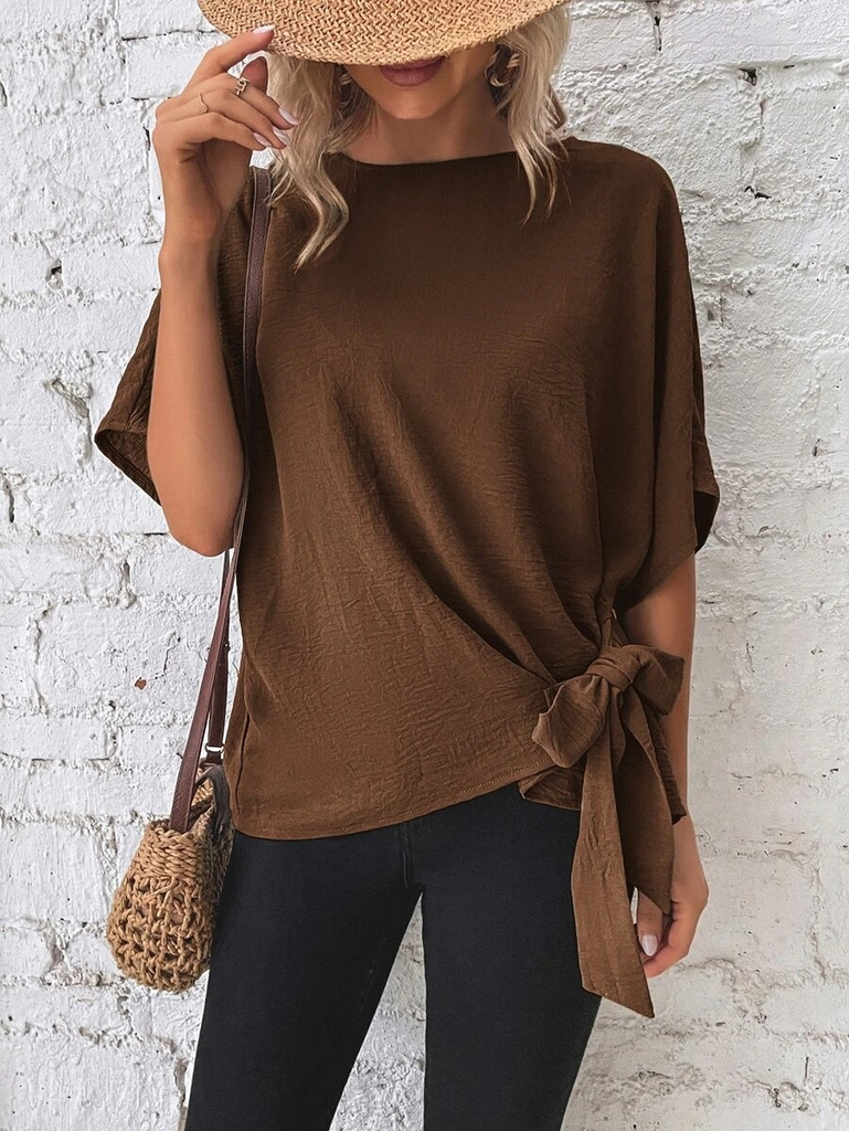 Casual Women Summer Solid Color Dolman Sleeve Hem Knotted Loose Top Blouse