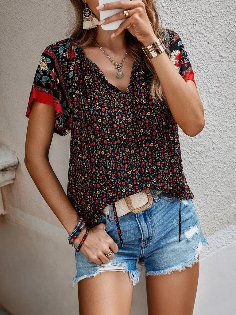 Fashion Women Summer Casual Boho Floral Printed V-Neck Short-Sleeved Loose Blouse