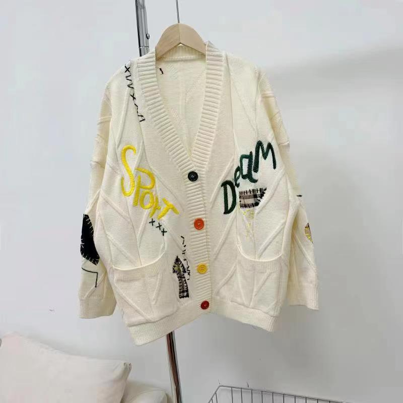 Women Fashion Loose Multicolor Embroidered V-Neck Sweater Coat