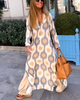 Ramadan /Eid Women Casual Boho Style Geometry Print Long Sleeve V Neck Loose Maxi Dress