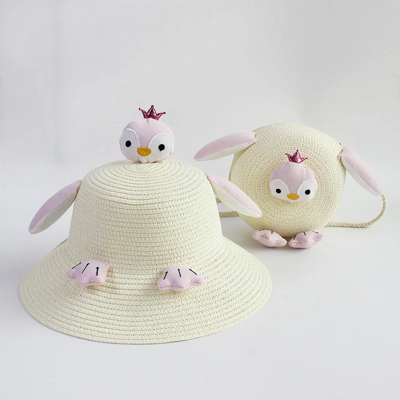 Children Kids Baby Fashion Girls Cartoon Penguin Woven Straw Shoulder Bag And Hat