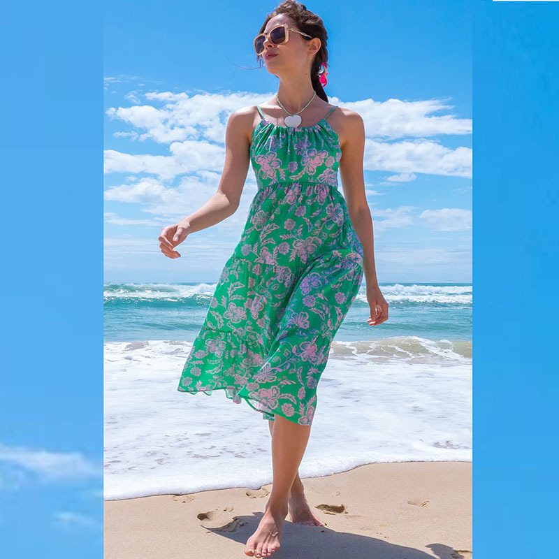 Women Fashion Vacation Loose Floral Printed Sleeveless Backless Spaghetti Strap Dress