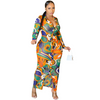 Women Fashion Mesh See-Through Graphic Printing Single Breasted Long Sleeve Shirt Maxi Dress