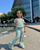 Kids Toddler Big Girls Summer Fashion Casual Sweet Cotton Color Matching Floral Round Neck T-Shirt Flare Trousers Set