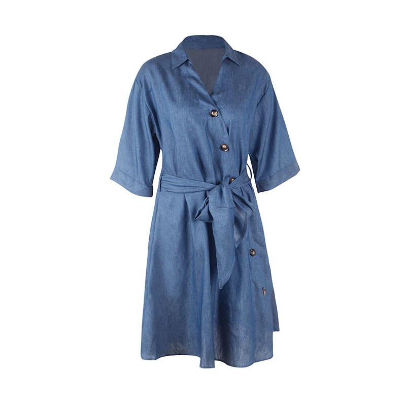 Fashion Lapel Single-Breasted Lace-Up Casual Denim Dress