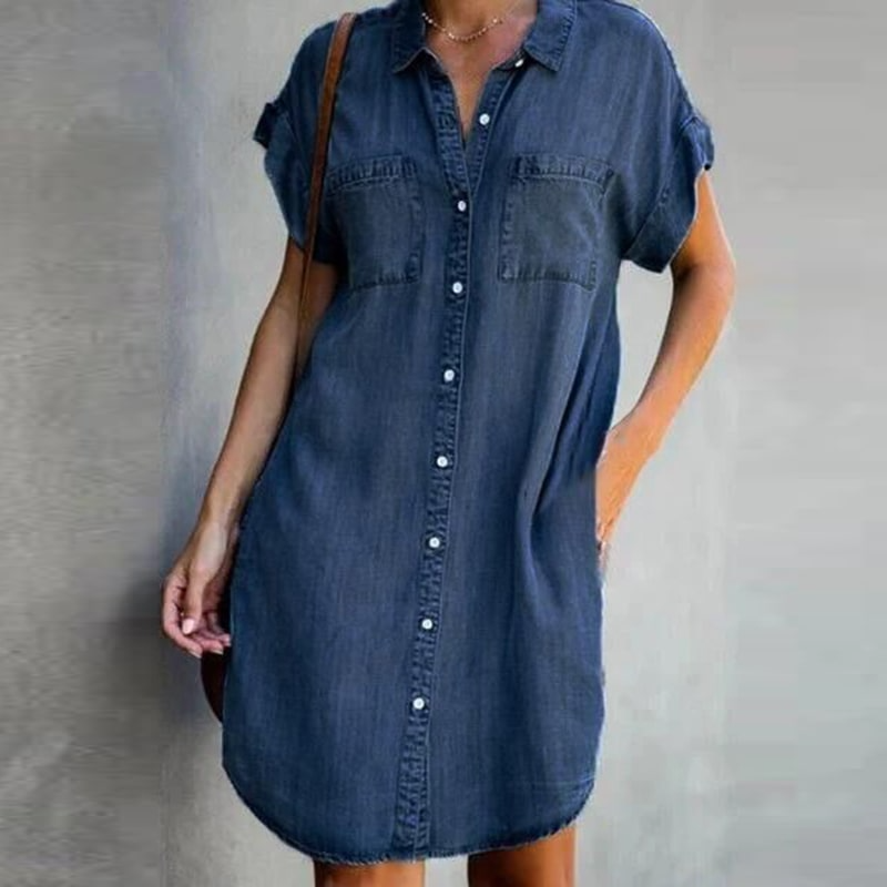 Women Lapel Single-Breasted Short Sleeve Denim Dress