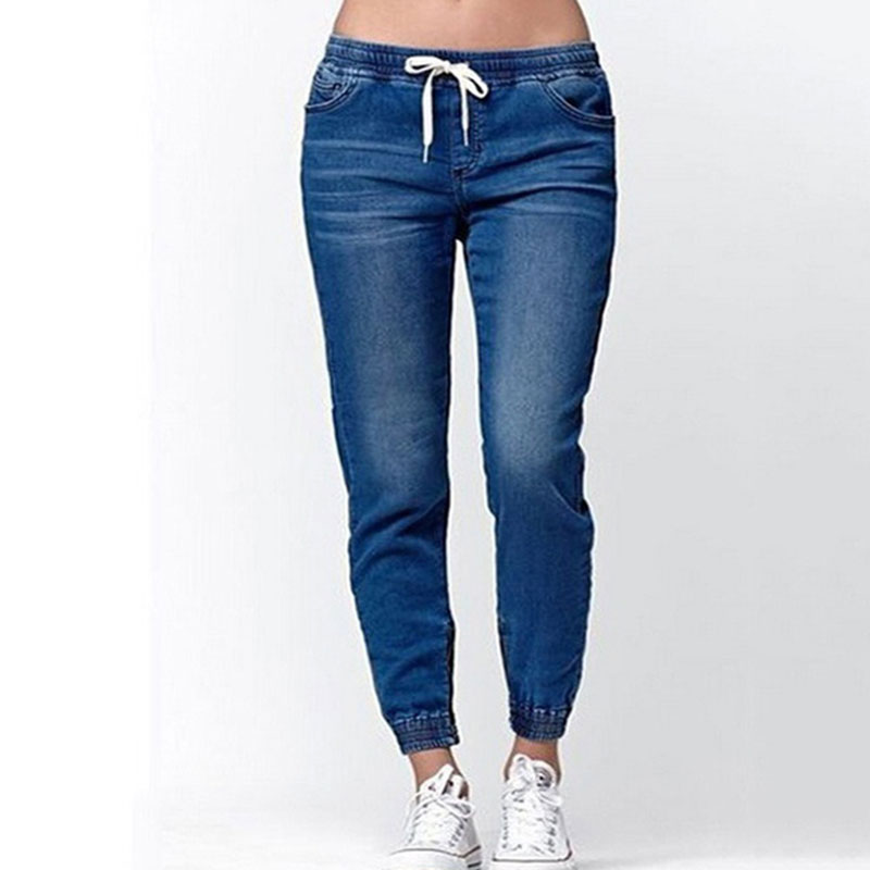 Women Elastic Waist Lace-Up Harem Jeans
