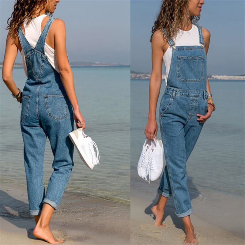 Women Pocket Design Loose Denim Jumpsuits