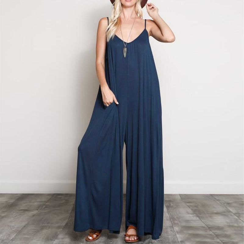 Solid Color Oversize V Neck Spaghetti Strap Wide-Leg Jumpsuits