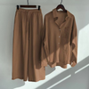 Women Casual Solid Color Linen Cotton Long Sleeve Blouse And Wide Leg Pants Set