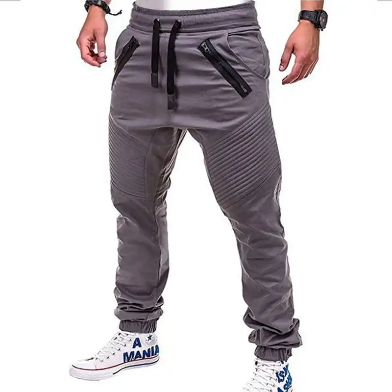 Men Fashion Drawstring Waist Zipper Solid Color Jogger Pants