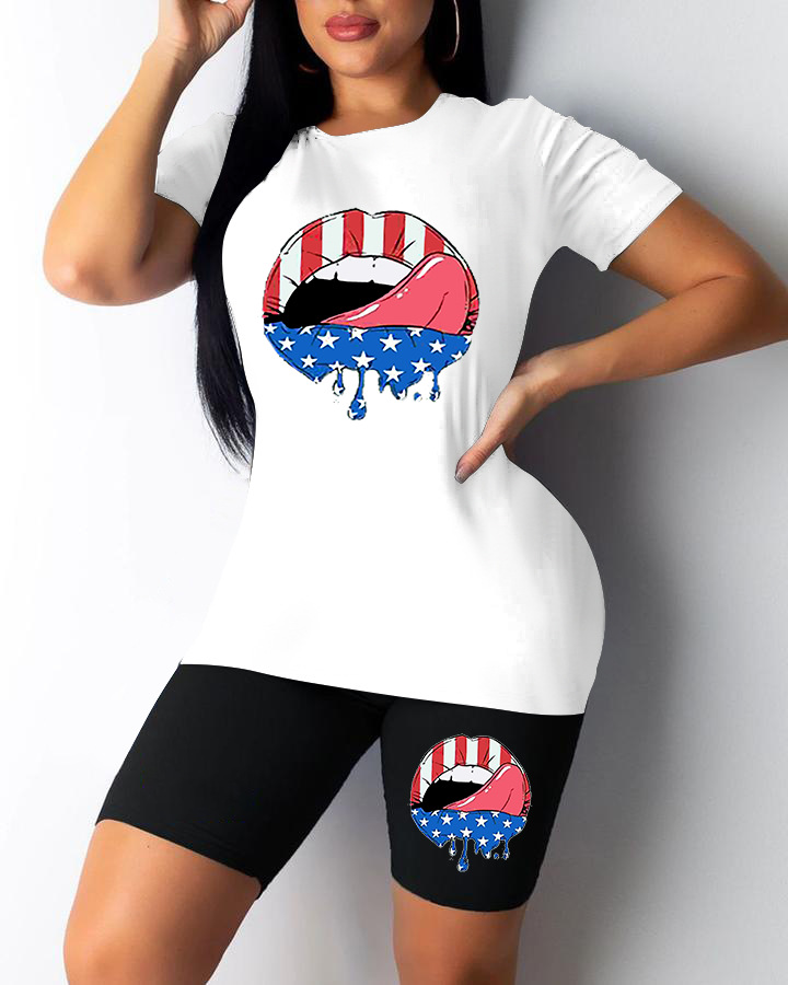 Women'S Lip Star Stripe Print Short-Sleeved T-Shirt Shorts Two-Piece Fashion Casual Athleisure Set