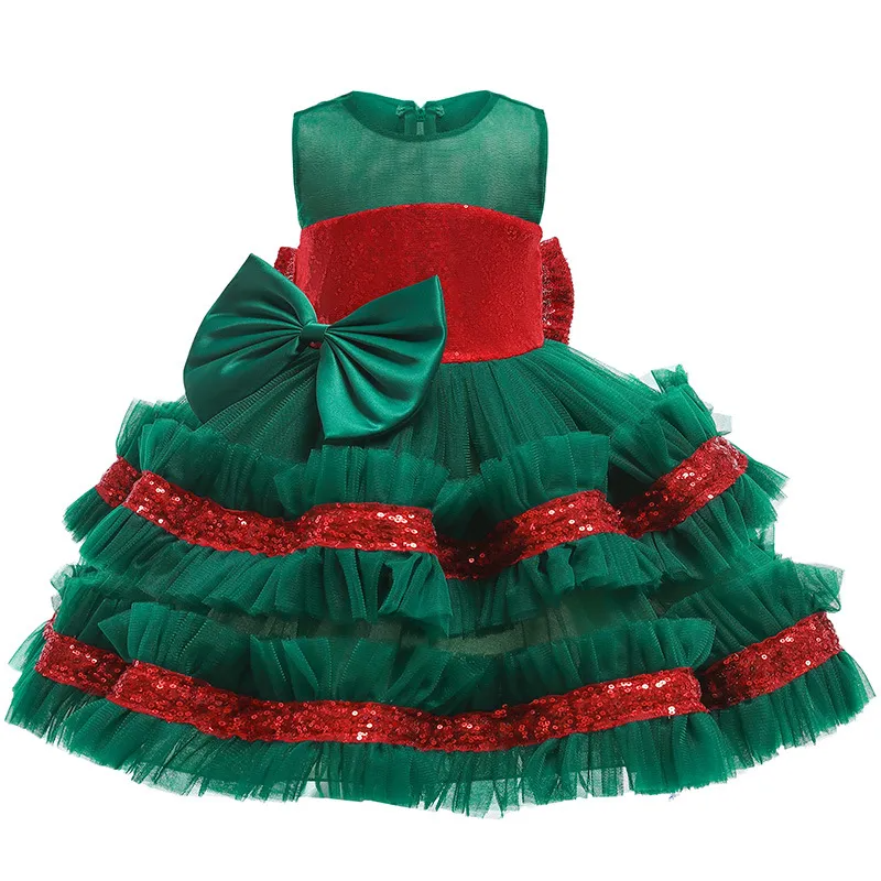 Kids Toddler Girls Fashion Party Cute Sweet Christmas Color Sequins Bow Pleated Sleeveless Mesh Party Tutu Dress