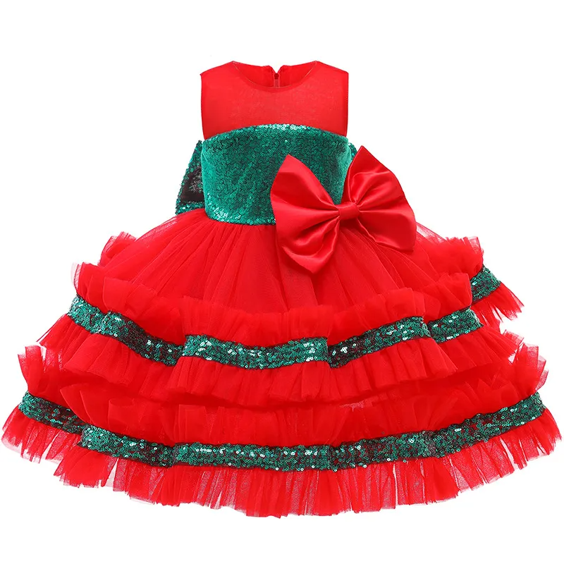 Kids Toddler Girls Fashion Party Cute Sweet Christmas Color Sequins Bow Pleated Sleeveless Mesh Party Tutu Dress