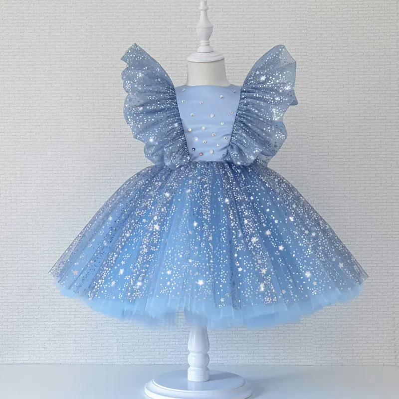 Kids Toddler Girls Fashion Party Cute Sweet Solid Color Sequins Pleated Sleeveless Mesh Party Tutu Dress